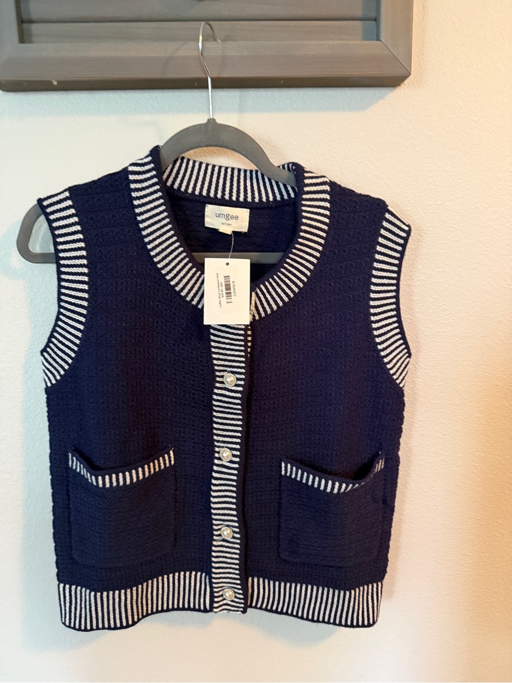 Umgee Navy Knit Button-Front Vest with White Striped Trim
